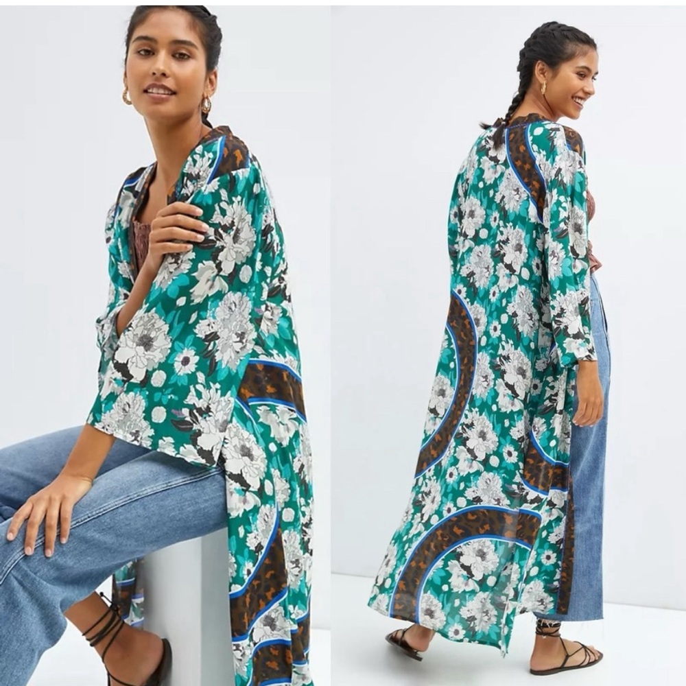 Anthropologie Bl^nk Blank floral cover up kimono turquoise green blue